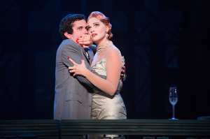 Michael Williams (David Shayne) and Emma Stratton (Helen Sinclair) in the North American tour of the hit musical comedy BULLETS OVER BROADWAY, written by Woody Allen featuring original direction and choreography by Susan Stroman. (Photo by Matthew Murphy)